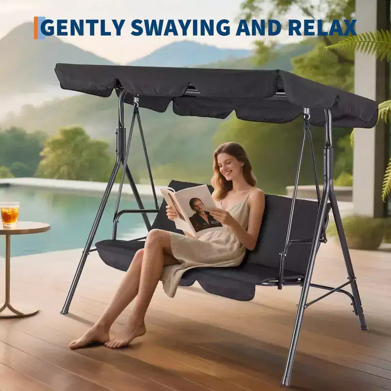 COZONY Balancelle de patio 3 places noire – Auvent et accoudoirs réglables, banc suspendu en tissu textilène respirant pour jardin, piscine, cour arrière