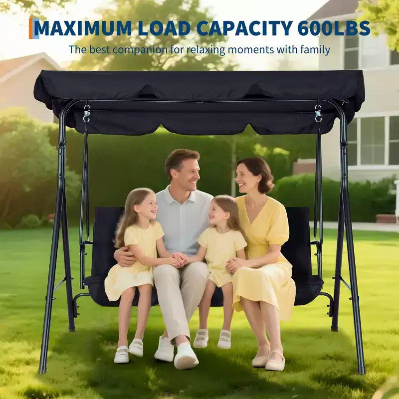 COZONY Balancelle de patio 3 places noire – Auvent et accoudoirs réglables, banc suspendu en tissu textilène respirant pour jardin, piscine, cour arrière