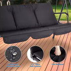 COZONY Balancelle de patio 3 places noire – Auvent et accoudoirs réglables, banc suspendu en tissu textilène respirant pour jardin, piscine, cour arrière