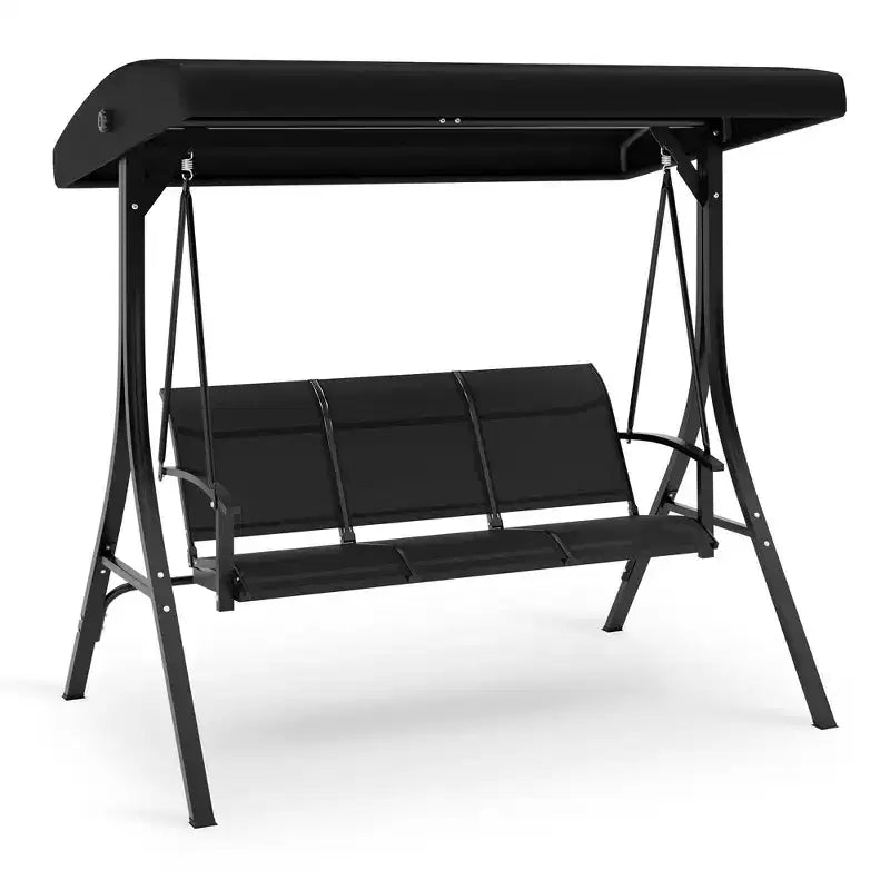COZONY Balancelle de patio 3 places noire – Auvent et accoudoirs réglables, banc suspendu en tissu textilène respirant pour jardin, piscine, cour arrière