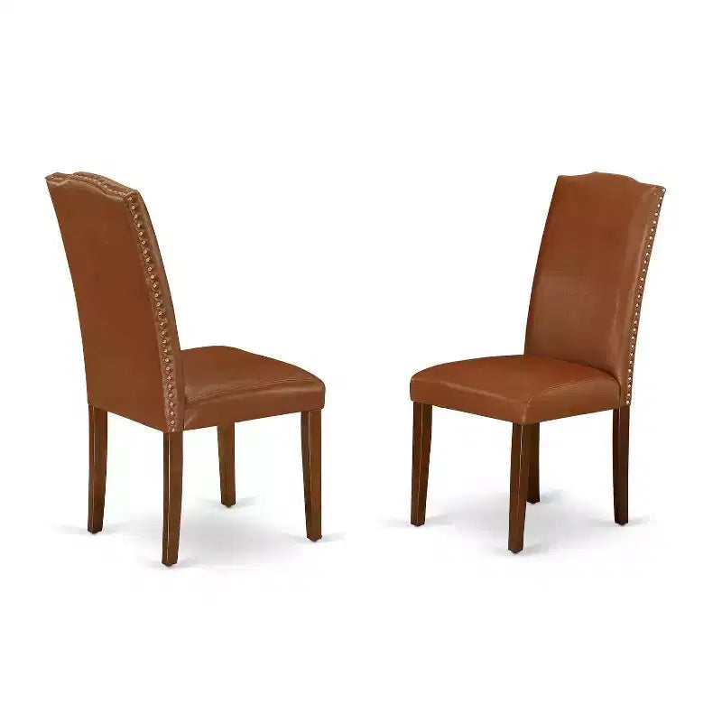 Ensemble Salle à Manger Rustique 3 Pièces Table Carrée & 2 Chaises Parsons - Pieds Acajou, Similicuir Marron
