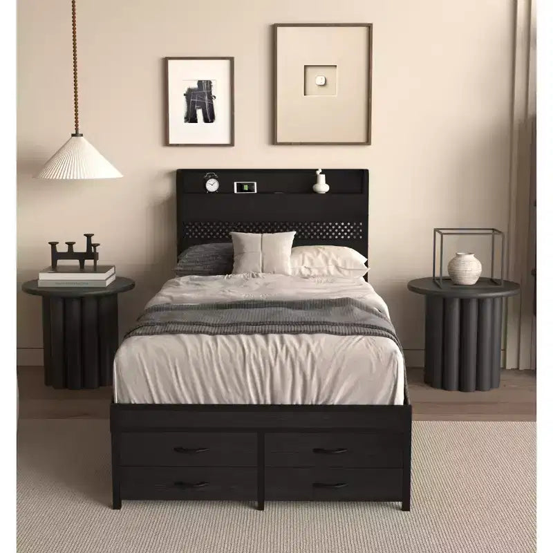 Lit plateforme simple avec tête de lit de rangement, 4 tiroirs sous le lit, lumière LED et station de charge pour une solution de chambre intelligente