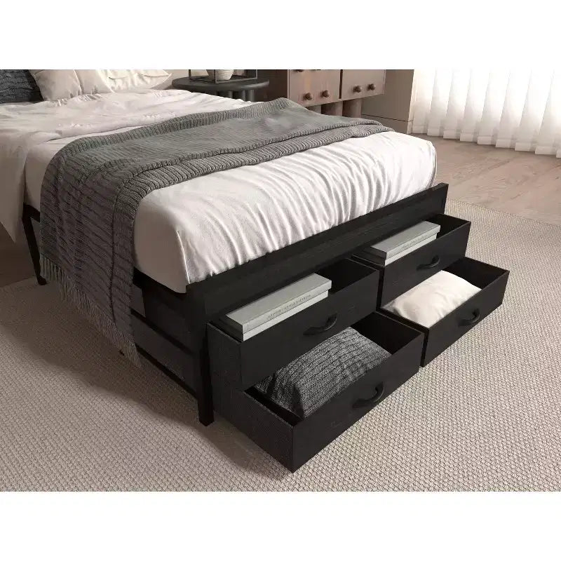 Lit plateforme simple avec tête de lit de rangement, 4 tiroirs sous le lit, lumière LED et station de charge pour une solution de chambre intelligente