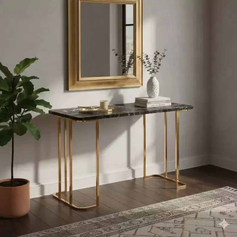 Bureau Royal Hampton de 47 pouces, prise USB, pieds en métal doré, marbre synthétique noir