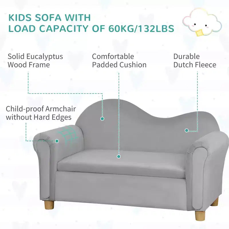Canapé en mousse ergonomique pour enfants avec coffre de rangement de jouets intégré, canapé pour enfants en velours avec accoudoirs souples, mobilier de salon pour enfants