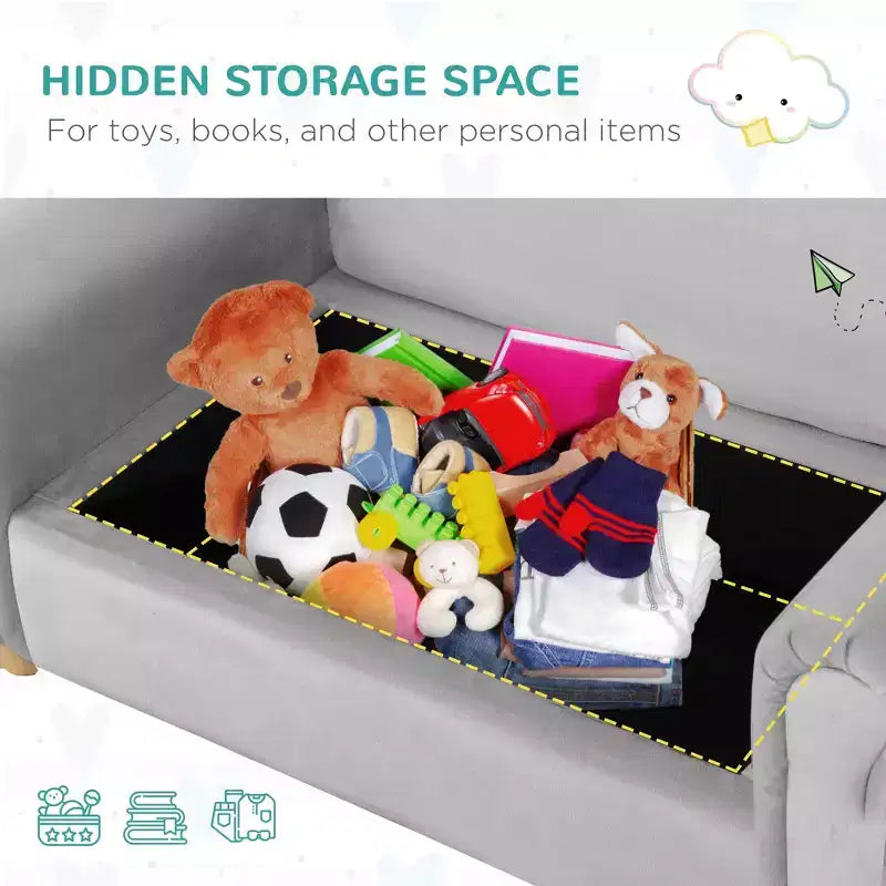 Canapé en mousse ergonomique pour enfants avec coffre de rangement de jouets intégré, canapé pour enfants en velours avec accoudoirs souples, mobilier de salon pour enfants