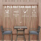 Ensemble de bar 3 pièces en rotin tressé avec table en bois et 2 tabourets de bar pour l'extérieur, le patio, la piscine, le jardin.