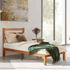 Lit plateforme Okak en bois massif naturel avec tête de lit à lattes en bois, lit de chambre principale, aucun sommier tapissier requis