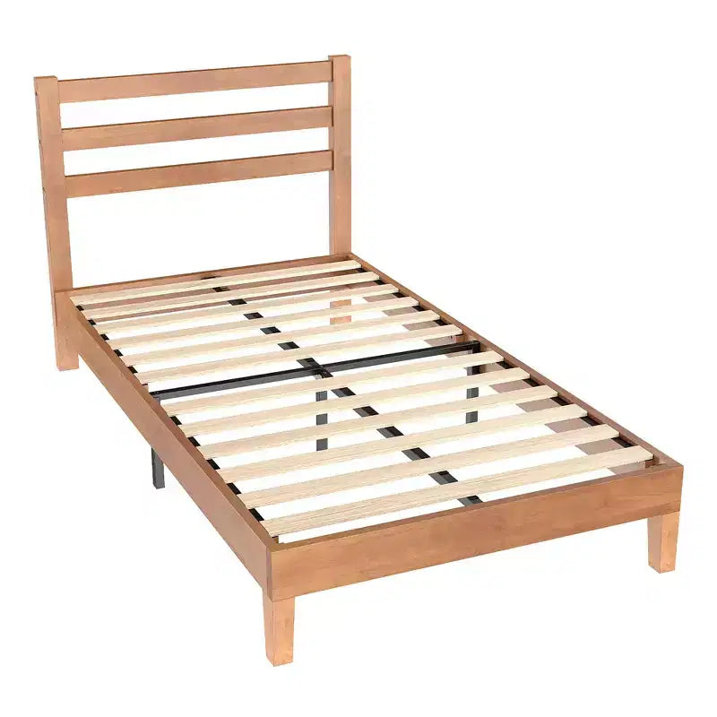 Lit plateforme Okak en bois massif naturel avec tête de lit à lattes en bois, lit de chambre principale, aucun sommier tapissier requis