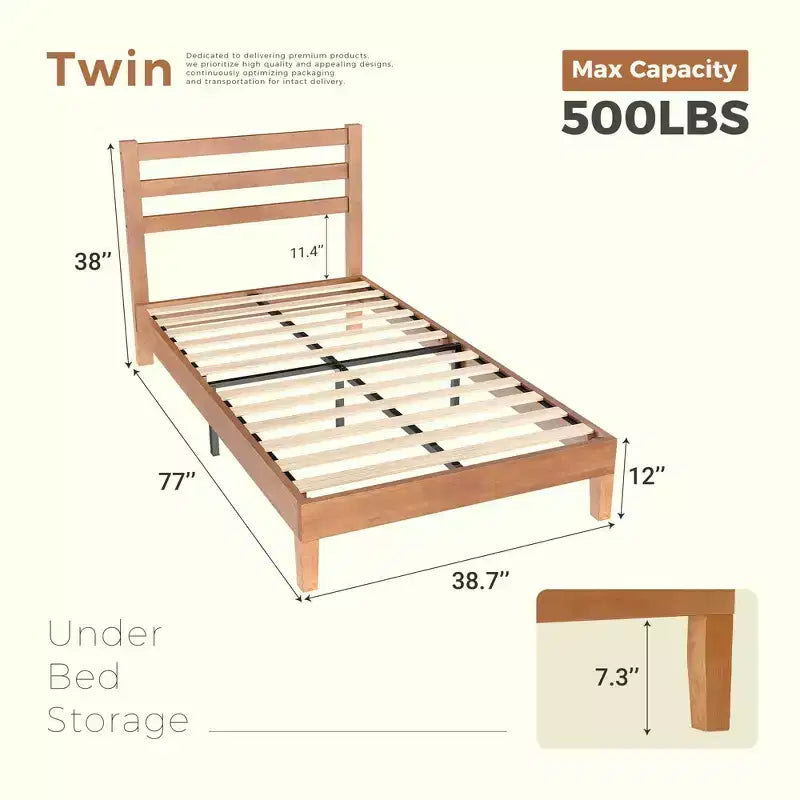 Lit plateforme Okak en bois massif naturel avec tête de lit à lattes en bois, lit de chambre principale, aucun sommier tapissier requis