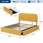 Cadre de lit plateforme pleine grandeur, lit pour enfants avec tête de lit de rangement, 2 tiroirs roulants, cadre de lit silencieux, pas besoin de sommier tapissier, jaune