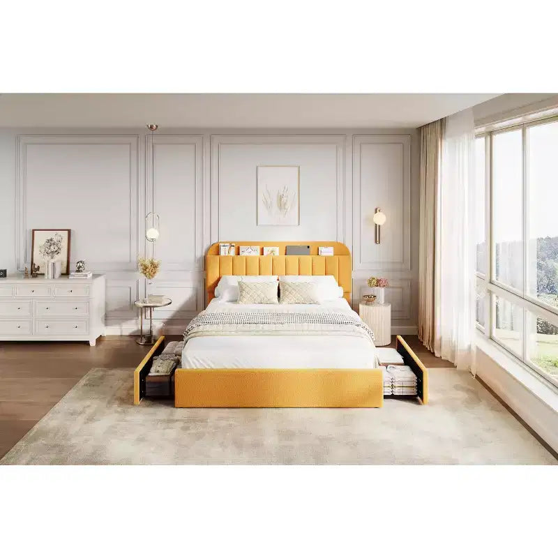Cadre de lit plateforme pleine grandeur, lit pour enfants avec tête de lit de rangement, 2 tiroirs roulants, cadre de lit silencieux, pas besoin de sommier tapissier, jaune