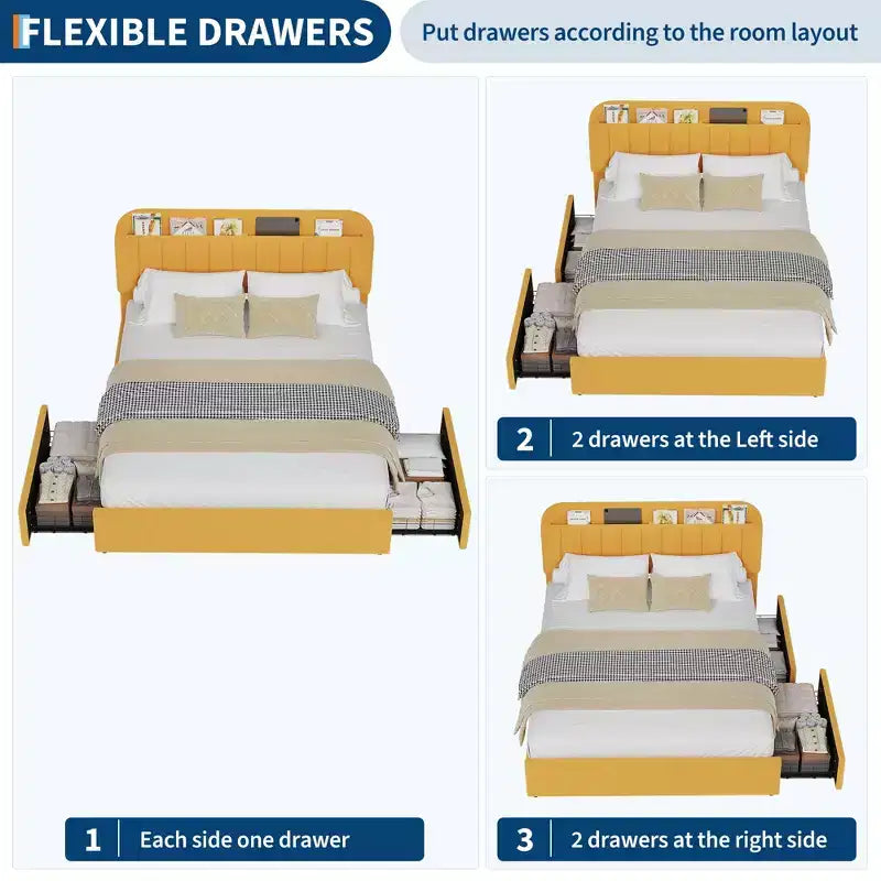 Cadre de lit plateforme pleine grandeur, lit pour enfants avec tête de lit de rangement, 2 tiroirs roulants, cadre de lit silencieux, pas besoin de sommier tapissier, jaune