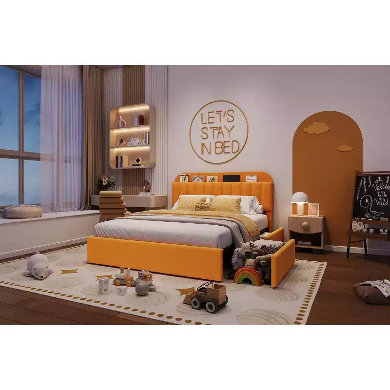 Cadre de lit plateforme pleine grandeur, lit pour enfants avec tête de lit de rangement, 2 tiroirs roulants, cadre de lit silencieux, pas besoin de sommier tapissier, jaune