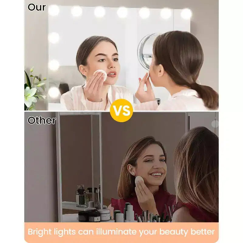 Miroir de courtoisie avec lumières, grand miroir de maquillage avec 3 couleurs d'éclairage à intensité variable, contrôle tactile intelligent, miroir de courtoisie rotatif
