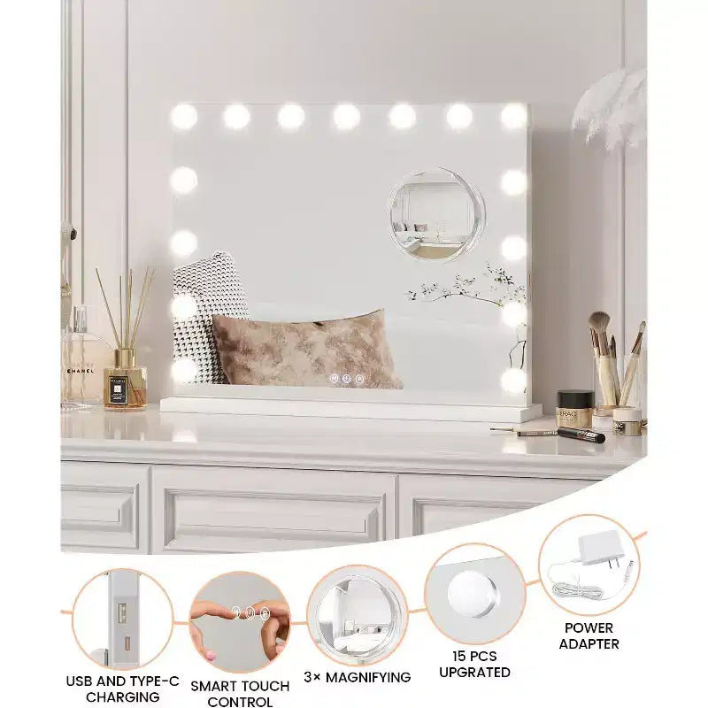 Miroir de courtoisie avec lumières, grand miroir de maquillage avec 3 couleurs d'éclairage à intensité variable, contrôle tactile intelligent, miroir de courtoisie rotatif