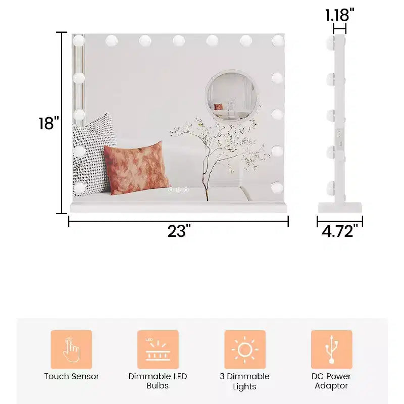 Miroir de courtoisie avec lumières, grand miroir de maquillage avec 3 couleurs d'éclairage à intensité variable, contrôle tactile intelligent, miroir de courtoisie rotatif