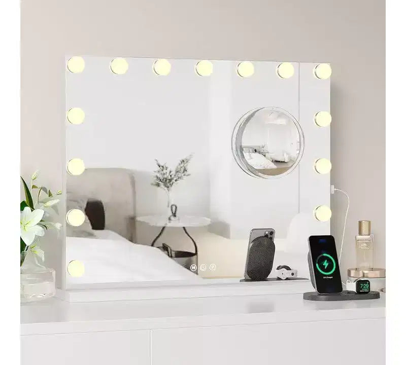 Miroir de courtoisie avec lumières, grand miroir de maquillage avec 3 couleurs d'éclairage à intensité variable, contrôle tactile intelligent, miroir de courtoisie rotatif