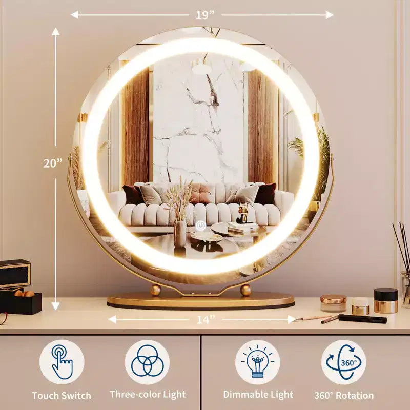 Miroir de courtoisie avec lumières, grand miroir de maquillage avec 3 couleurs d'éclairage à intensité variable, contrôle tactile intelligent, miroir de courtoisie rotatif
