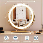 Miroir de courtoisie avec lumières, grand miroir de maquillage avec 3 couleurs d'éclairage à intensité variable, contrôle tactile intelligent, miroir de courtoisie rotatif