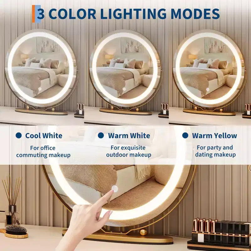 Miroir de courtoisie avec lumières, grand miroir de maquillage avec 3 couleurs d'éclairage à intensité variable, contrôle tactile intelligent, miroir de courtoisie rotatif