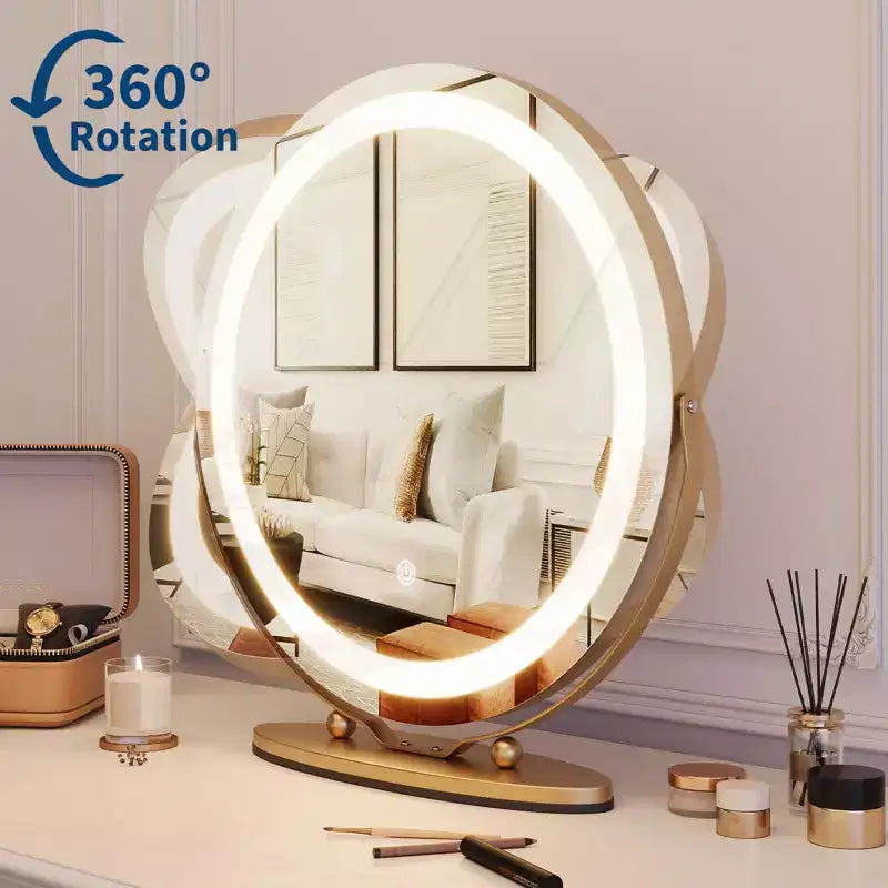 Miroir de courtoisie avec lumières, grand miroir de maquillage avec 3 couleurs d'éclairage à intensité variable, contrôle tactile intelligent, miroir de courtoisie rotatif