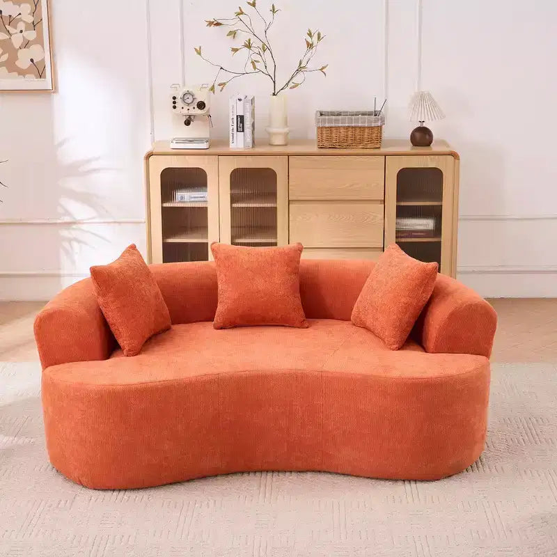 Canapé moderne Okak en croissant, dossier bas, avec coussins profonds et oreillers, canapé-futon en tissu chenille pour salon, appartements