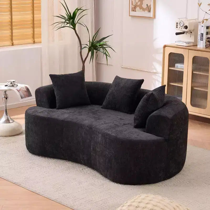Canapé moderne Okak en croissant, dossier bas, avec coussins profonds et oreillers, canapé-futon en tissu chenille pour salon, appartements