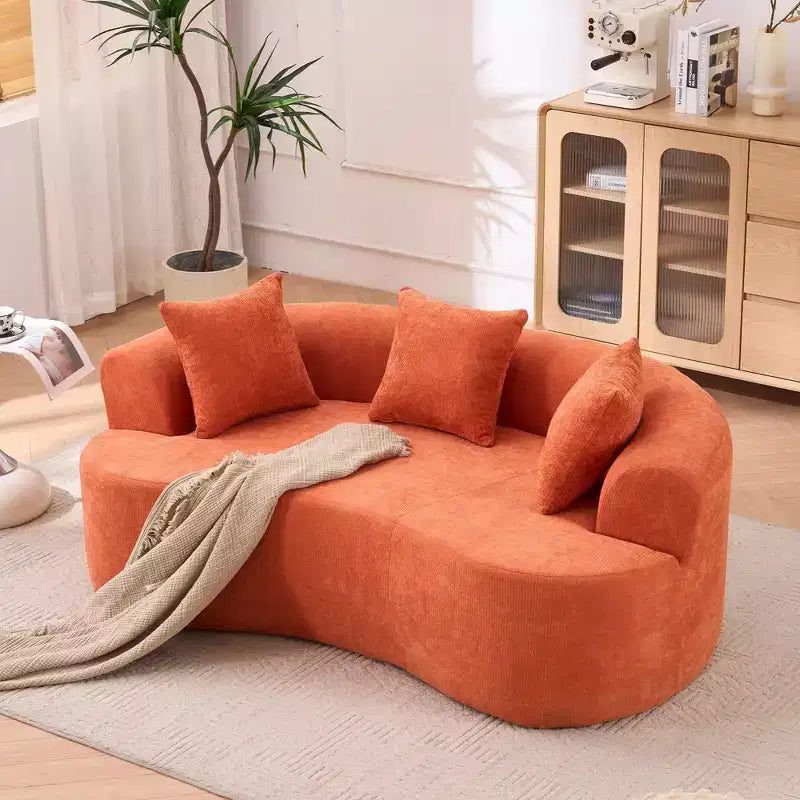 Canapé moderne Okak en croissant, dossier bas, avec coussins profonds et oreillers, canapé-futon en tissu chenille pour salon, appartements