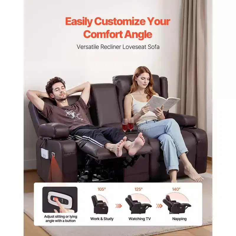 Canapé inclinable VEVOR Loveseat, canapé inclinable électrique avec chauffage, massage et minuterie, canapé inclinable électrique en cuir PU avec console centrale, marron