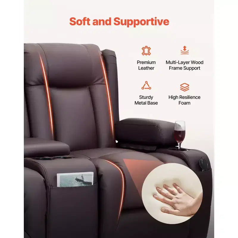 Canapé inclinable VEVOR Loveseat, canapé inclinable électrique avec chauffage, massage et minuterie, canapé inclinable électrique en cuir PU avec console centrale, marron