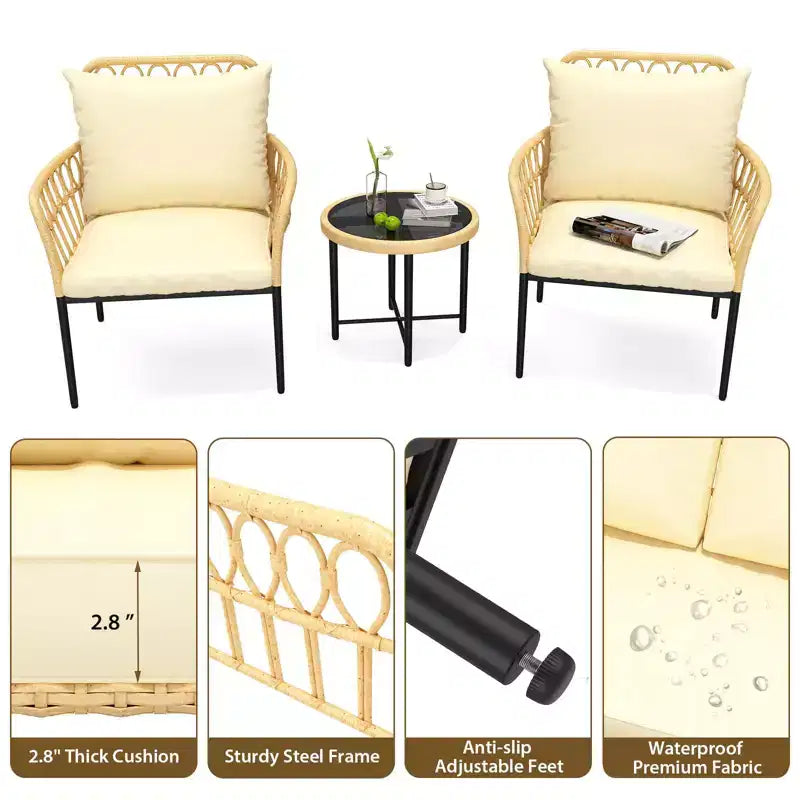 Ensemble bistro de patio 3 pièces avec coussins, en rotin PE résistant, table basse en verre, idéal pour le jardin, le balcon, le porche, beige