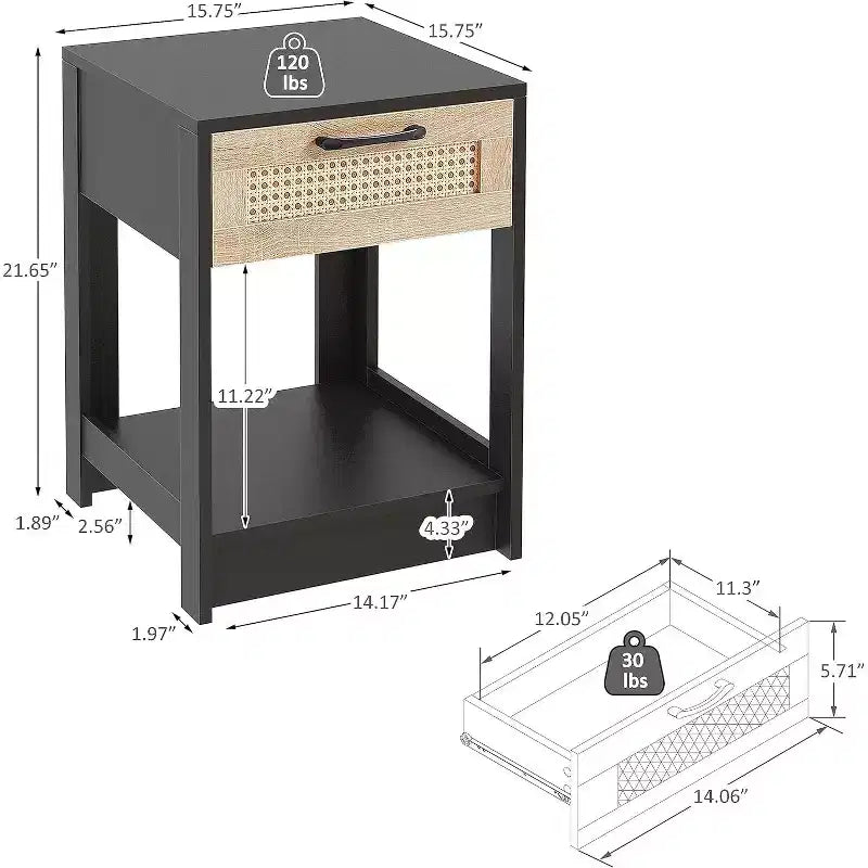 Table de chevet en rotin finition noire 1 tiroir Rangement Table d'appoint Salon Chambre