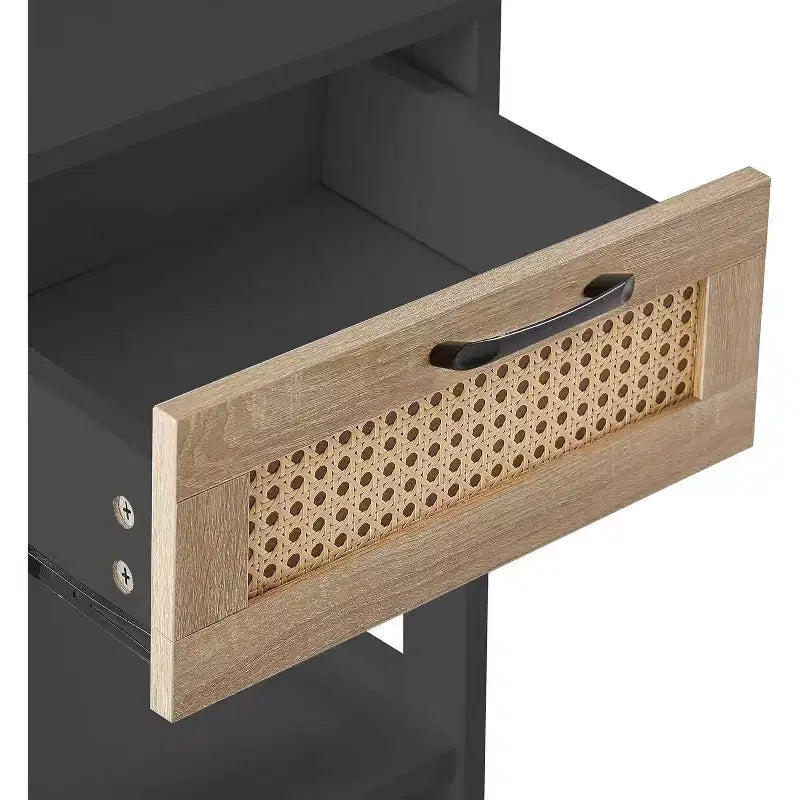 Table de chevet en rotin finition noire 1 tiroir Rangement Table d'appoint Salon Chambre