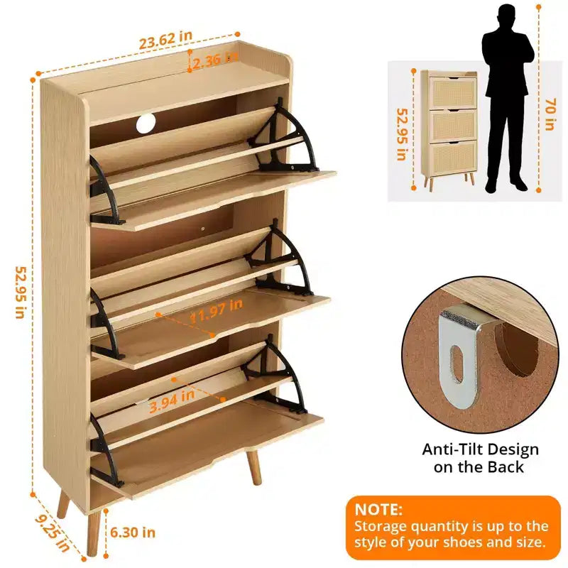 Banc de rangement fin à chaussures à 3 tiroirs avec façade en rotin tressé, organiseur de rangement à 6 niveaux peu encombrant pour entrée, couloir et véranda, 52,9 po