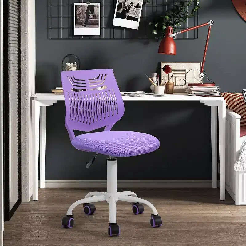 Chaise de Bureau sans Accoudoirs Mignonne FurnitureR, Petite Chaise d'Étude Informatique sans Accoudoirs Réglable Pivotante à Dossier Bas avec Roulettes pour Adolescents Étudiants, VIOLETTE