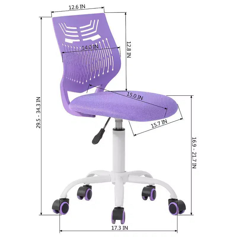 Chaise de Bureau sans Accoudoirs Mignonne FurnitureR, Petite Chaise d'Étude Informatique sans Accoudoirs Réglable Pivotante à Dossier Bas avec Roulettes pour Adolescents Étudiants, VIOLETTE