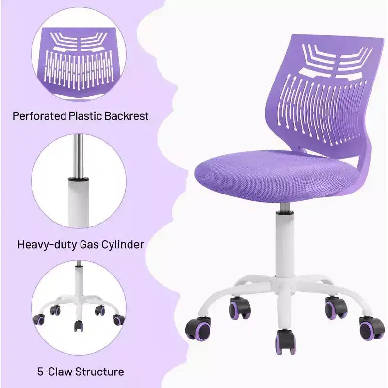 Chaise de Bureau sans Accoudoirs Mignonne FurnitureR, Petite Chaise d'Étude Informatique sans Accoudoirs Réglable Pivotante à Dossier Bas avec Roulettes pour Adolescents Étudiants, VIOLETTE