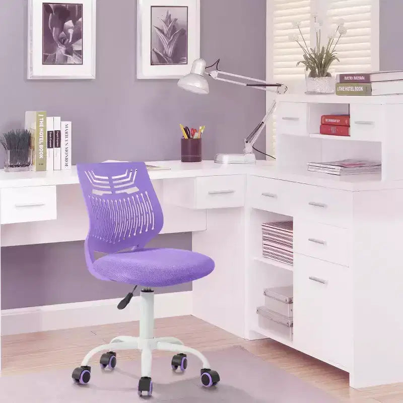 Chaise de Bureau sans Accoudoirs Mignonne FurnitureR, Petite Chaise d'Étude Informatique sans Accoudoirs Réglable Pivotante à Dossier Bas avec Roulettes pour Adolescents Étudiants, VIOLETTE