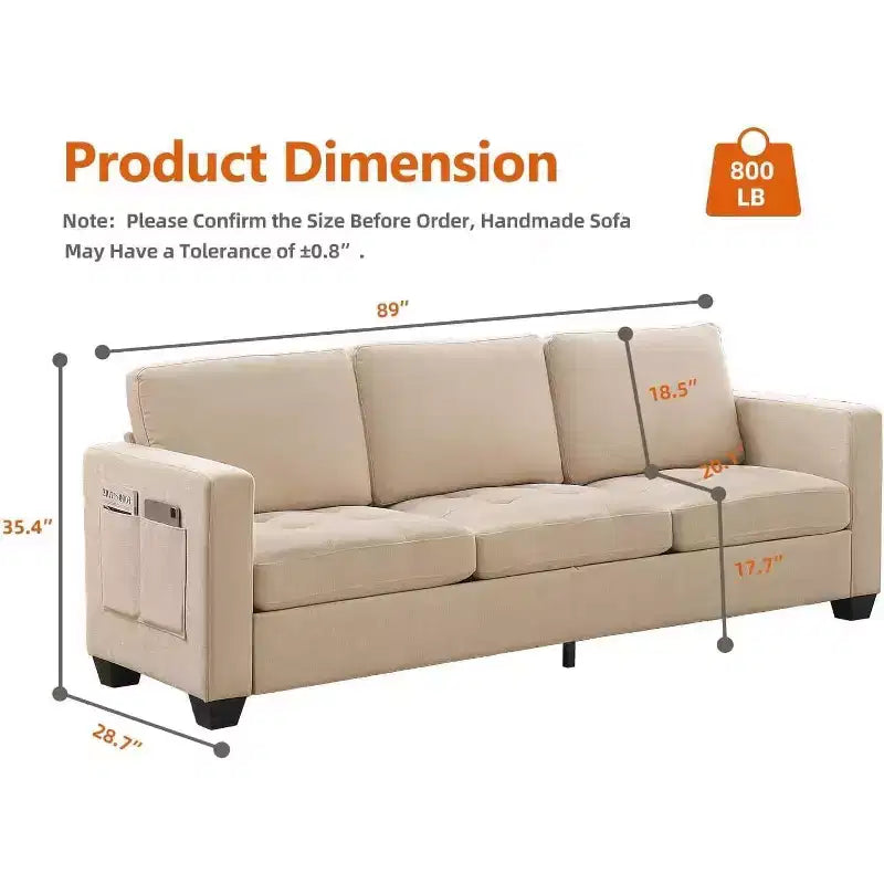 89 Canapé 3 places en chenille beige avec accoudoirs larges, appuie-tête amovible et poches latérales de rangement, pour salon et chambre
