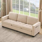 89 Canapé 3 places en chenille beige avec accoudoirs larges, appuie-tête amovible et poches latérales de rangement, pour salon et chambre
