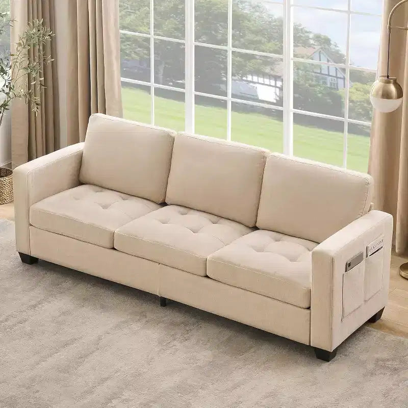 89 Canapé 3 places en chenille beige avec accoudoirs larges, appuie-tête amovible et poches latérales de rangement, pour salon et chambre