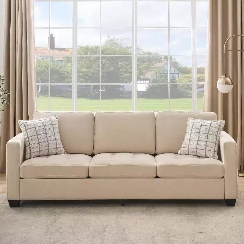 89 Canapé 3 places en chenille beige avec accoudoirs larges, appuie-tête amovible et poches latérales de rangement, pour salon et chambre