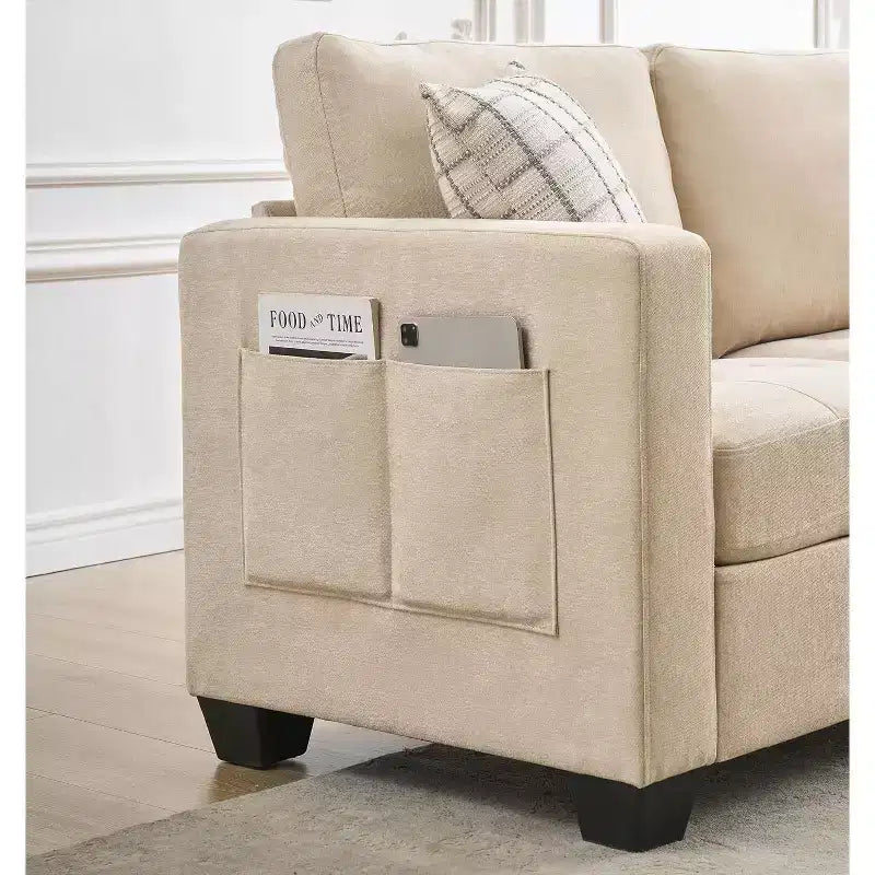89 Canapé 3 places en chenille beige avec accoudoirs larges, appuie-tête amovible et poches latérales de rangement, pour salon et chambre
