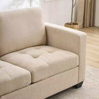 89 Canapé 3 places en chenille beige avec accoudoirs larges, appuie-tête amovible et poches latérales de rangement, pour salon et chambre