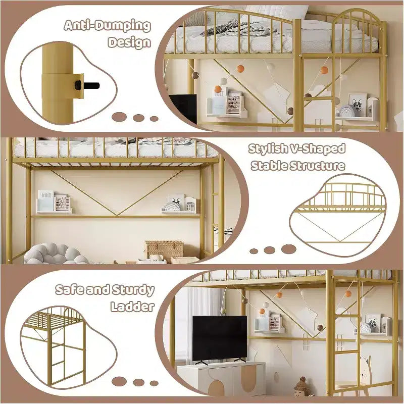 Lit mezzanine jumeau, lit mezzanine en métal robuste avec garde-corps arqué et échelle de sécurité, design moderne peu encombrant, pas besoin de sommier.