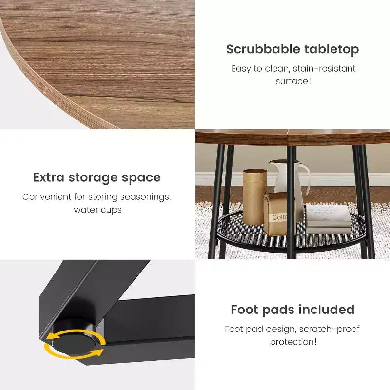 Table à manger ronde de 38 pouces avec base métallique hexagonale, plateau en bois et étagère de rangement inférieure, table compacte de style rustique pour cuisine, salon