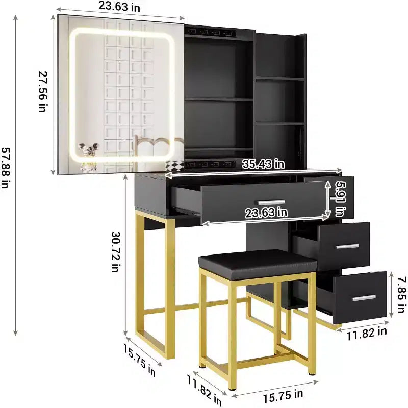 Table de maquillage avec miroir et lumières, Coiffeuse de maquillage, 3 modes de couleur, avec prise de courant, Coiffeuse moderne