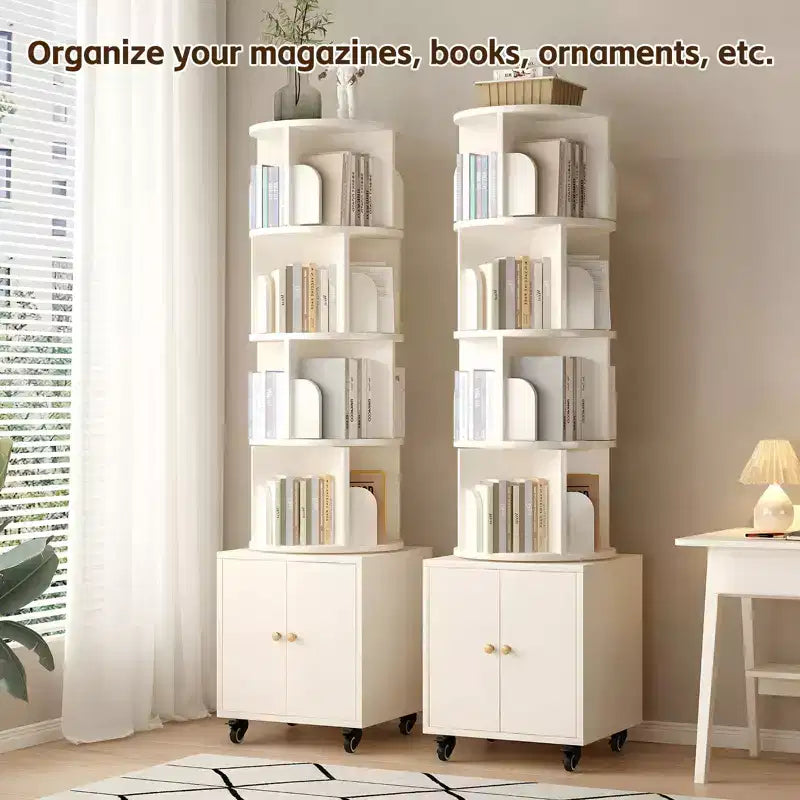 Bibliothèque rotative, étagère d'angle à 5 niveaux affichage à 360 degrés avec tiroir pour petits espaces, étagère de rangement sur pied pour chambre à coucher