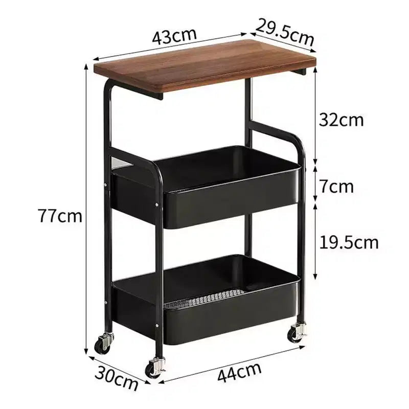 Chariot de rangement à 3 niveaux avec plateau en bois, Chariot de service avec roulettes verrouillables, Desserte de rangement polyvalente